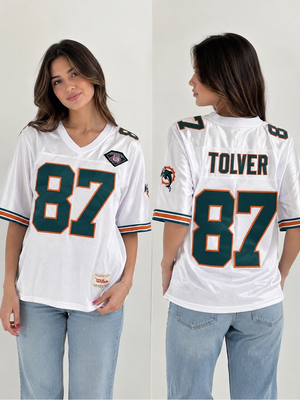 Wilson Vintage Miami Dolphins #87 TOLVER Jersey – Size S – White/Teal/Orange NFL
